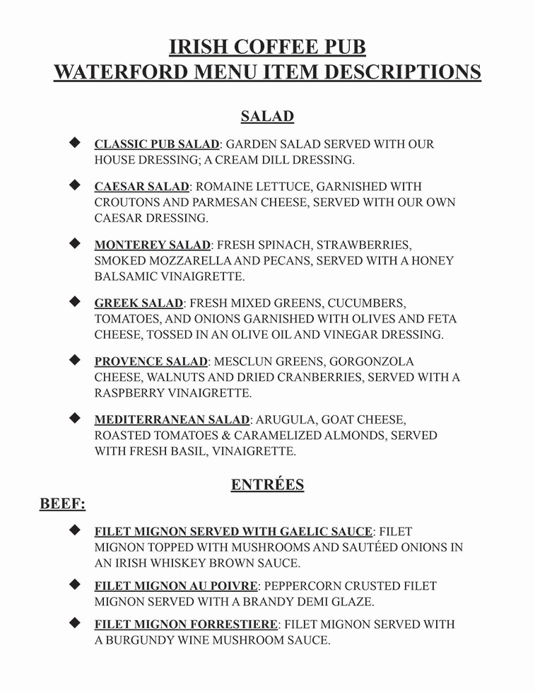 Waterford Catering Menu Description - page 1